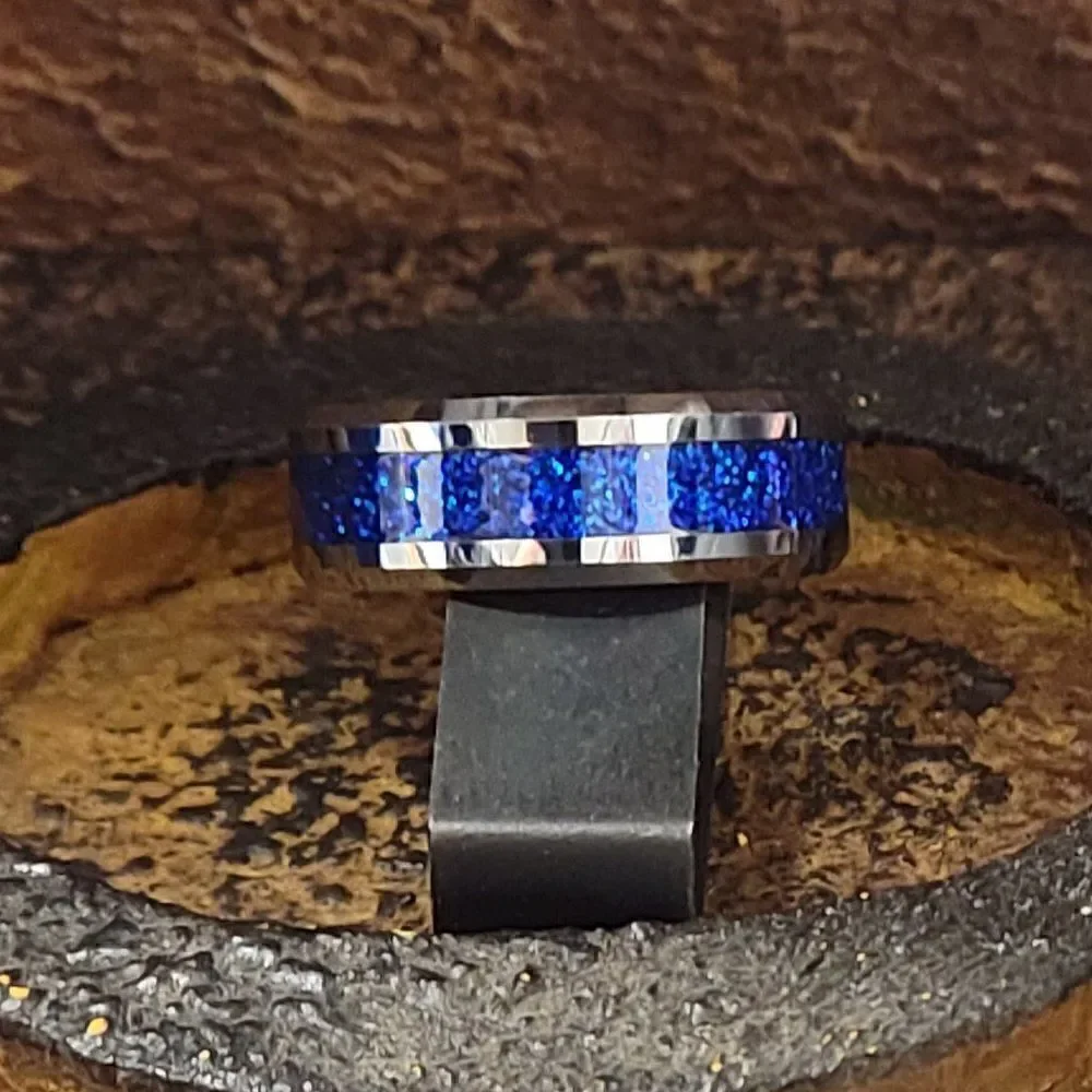 Personalized Men's Real Silver Tungsten Wedding Ring With Blue Galaxy Opal Inlay